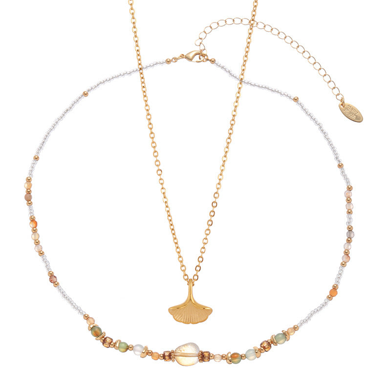 Natural Stone Pearl String Lucky Leaf Pendant Necklace Set