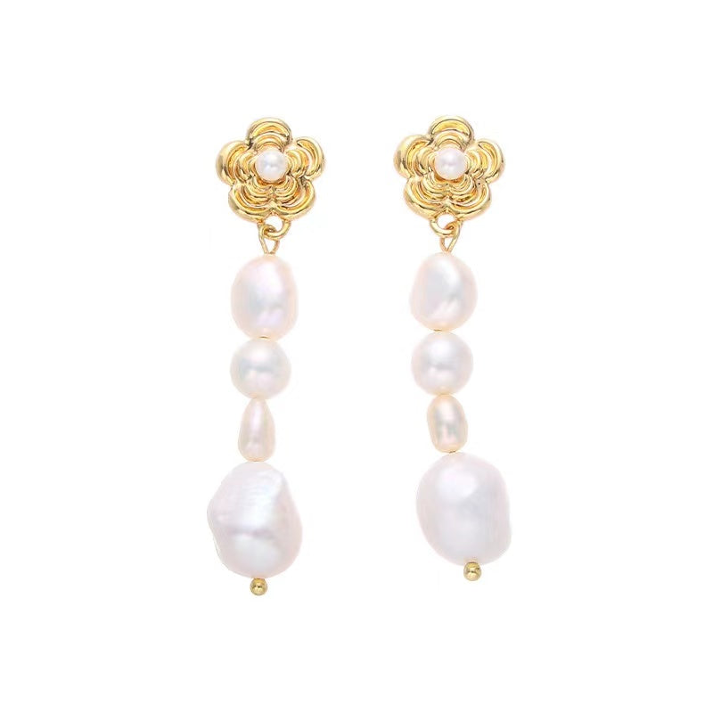 Silver Flower Natural Pearl Earrings